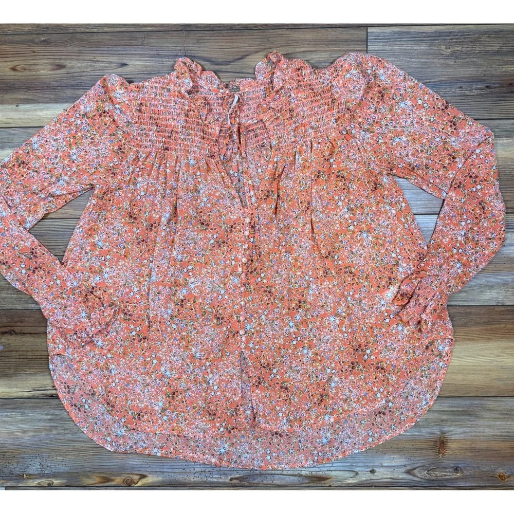 Free People Rare Feelings Blouse Orange Floral Smocked V-Neck Top OB1010657 S